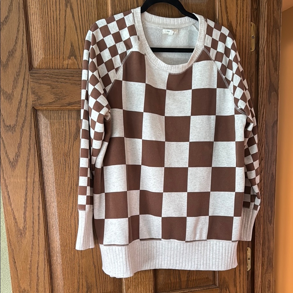 Maurices Brown and Cream Checkered Crew Neck Sweater